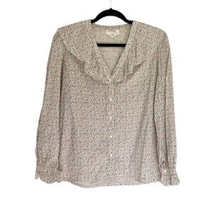 PORTS INTERNATIONAL Vintage Cotton Floral Print Button Front Blouse Ruffle 10